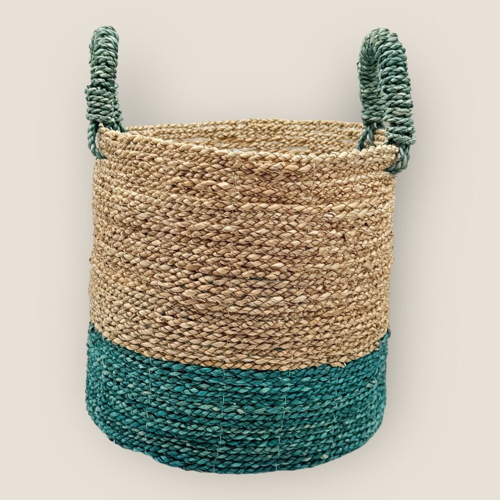 Woven Seagrass 10 in Basket With Handles Natural and Teal Two-Tone Boho Design